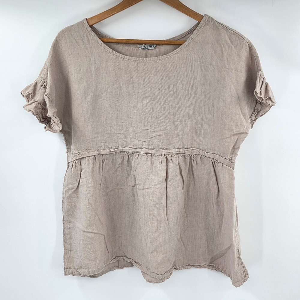 Elena Baldi Made in Italy 100% Linen Ruffle Sleeve Peplum Top Tan Small